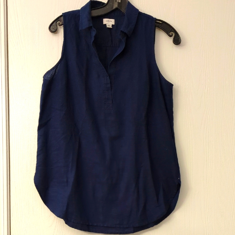 J. Crew Women's Deep Blue Sleeveless Linen Blouse